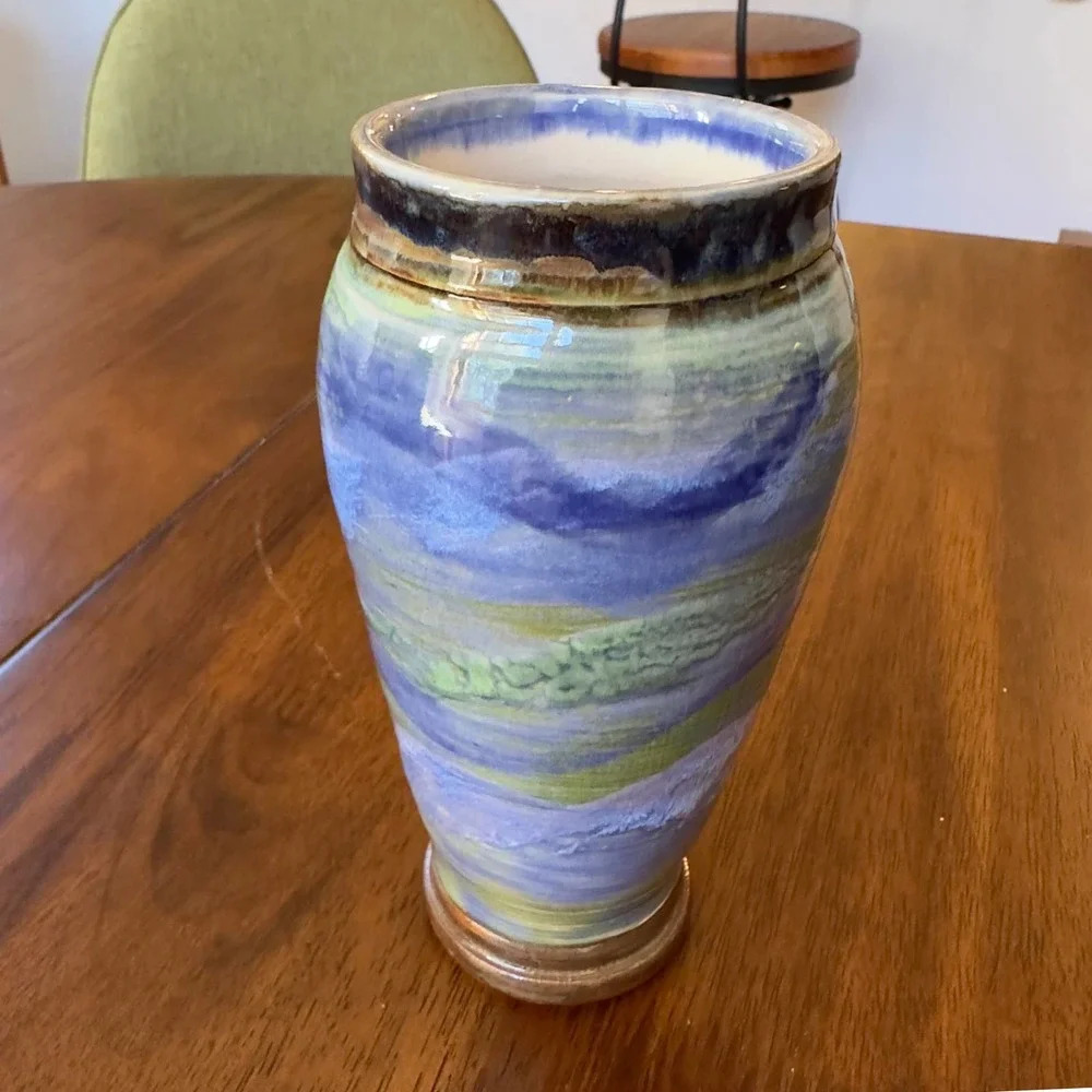 Vintage Studio Pottery Vase with Blues Teals Greens Signed Cynthia Young